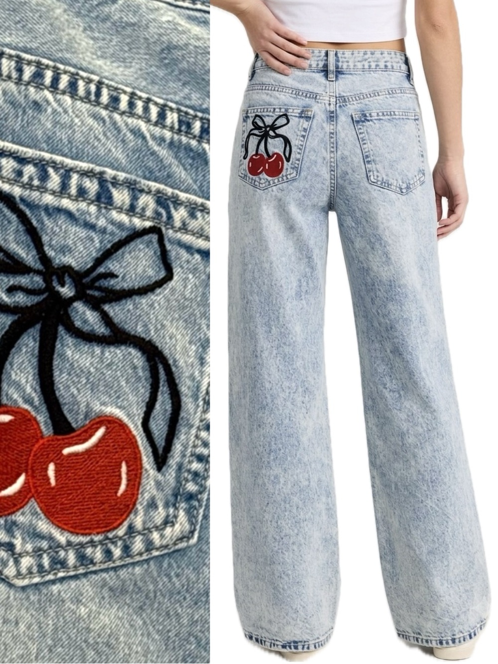 Simple Society Cherry Embroidered Bow Tie Wide Leg Jeans Size 0, 24 Light Wash